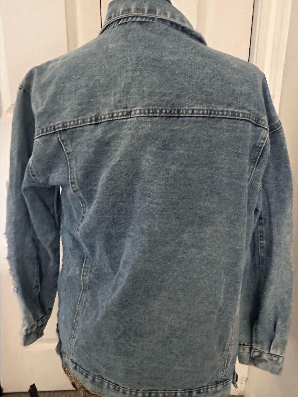 Women's Distressed Light Blue Denim Jean Jacket - Picture 3 of 5